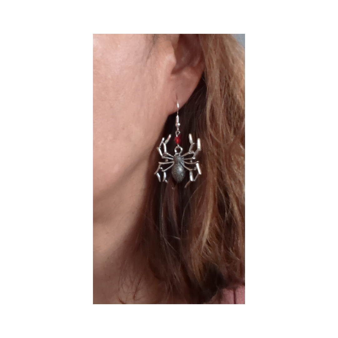 Earrings - Silver spider with bead on hook