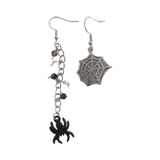 Earrings - Black spider on chain with beads and silver spiderweb on hook