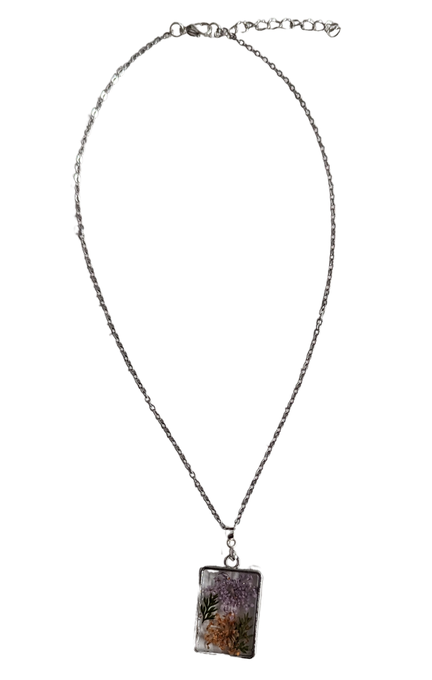 Necklace - 16.5 inches stainless steel cable link chain with a resin and flowers silver pendant