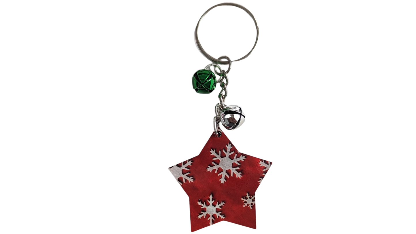 Keychain - Double sided sublimated white snowflake with red background image and two jingle bells