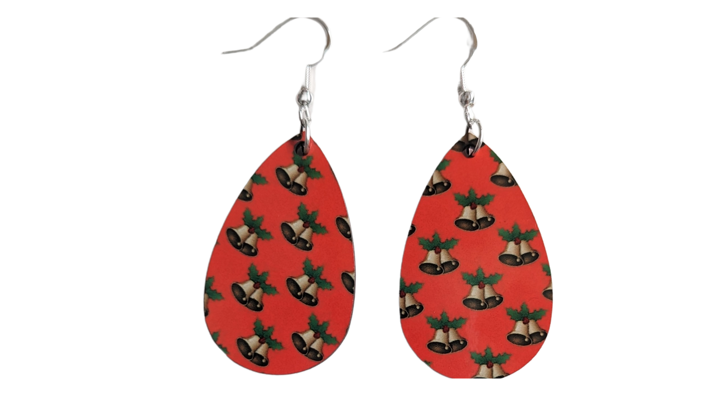 Earrings - Double sided sublimated bells with red background image on silver hook