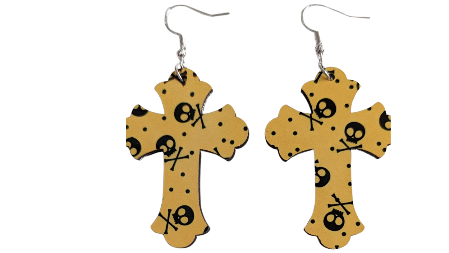 Earrings - Double sided sublimated cross with skulls image on yellow on silver hook