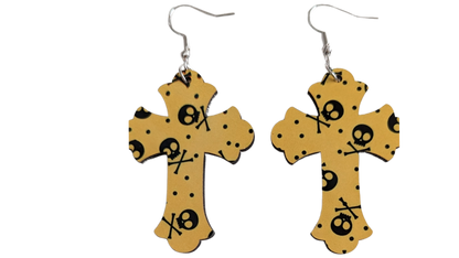 Earrings - Double sided sublimated cross with skulls image on yellow on silver hook