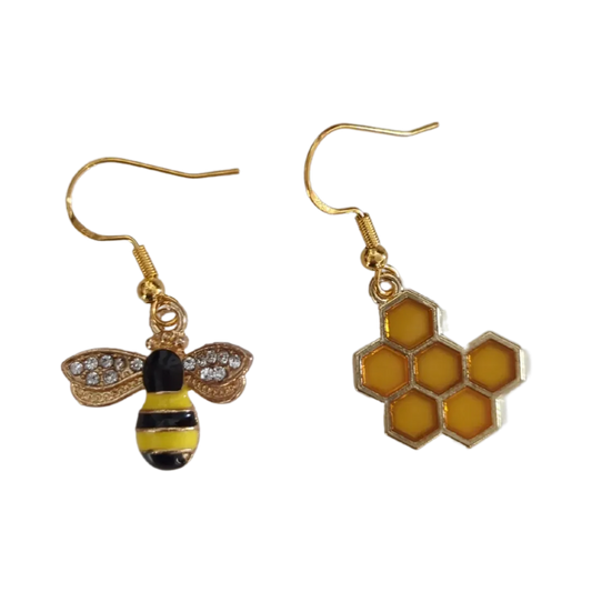 Earrings - Alloy Enamel Honeycomb and Rhinestone Bee charm on gold hook