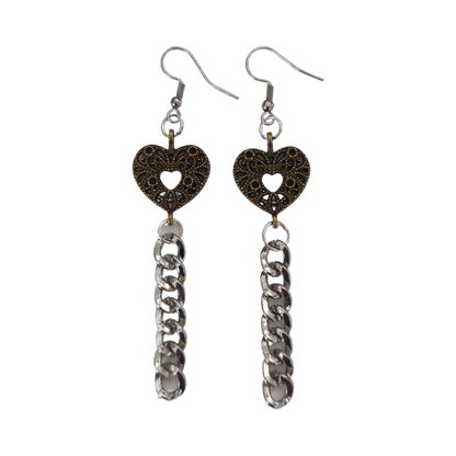 Earrings - antique bronze pendant with silver curb chain on silver hook