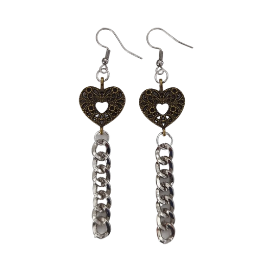 Earrings - antique bronze pendant with silver curb chain on silver hook