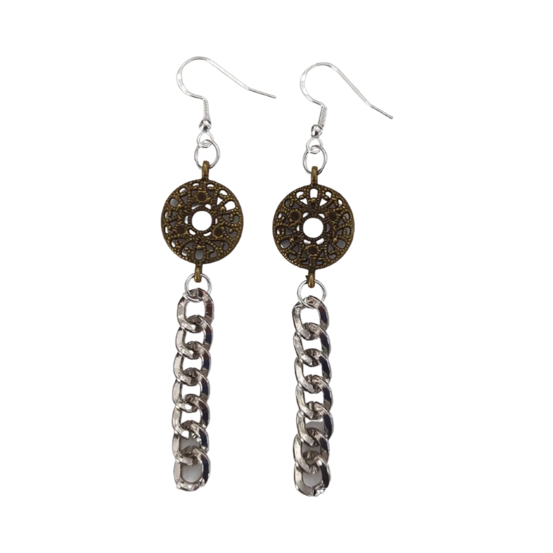 Earrings - antique bronze pendant with silver curb chain on silver hook