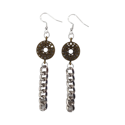 Earrings - antique bronze pendant with silver curb chain on silver hook