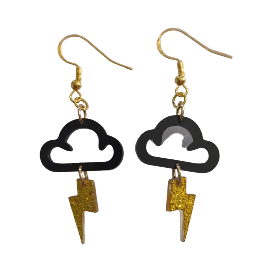 Earrings - Black cloud with gold lightning bolt on hook