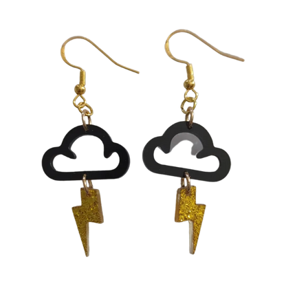 Earrings - Black cloud with gold lightning bolt on hook