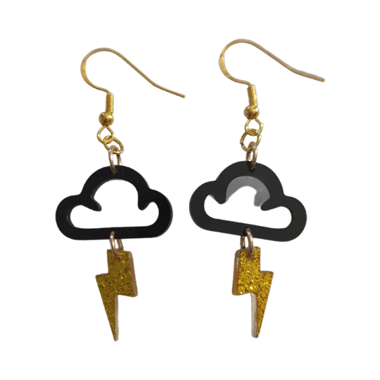 Earrings - Black cloud with gold lightning bolt on hook