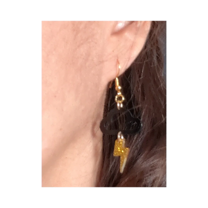 Earrings - Black cloud with gold lightning bolt on hook