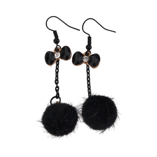 Earrings - Black Pompoms on Black Chain with Gold Plated Black Bow Charm on Black Hook