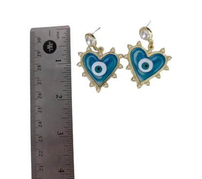 Earrings - Blue evil eye heart stud pearl gold 925 silver