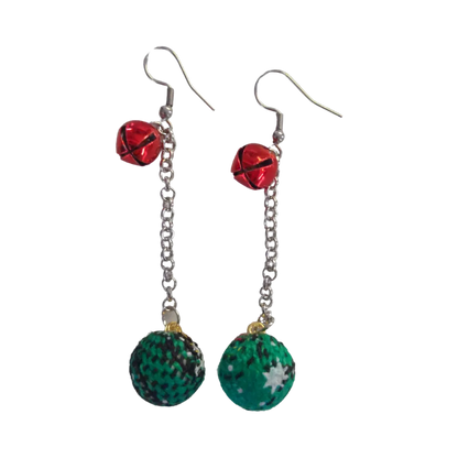 Earrings - Christmas green velvet ball ornament with one red jingle bell on silver chain drop hook