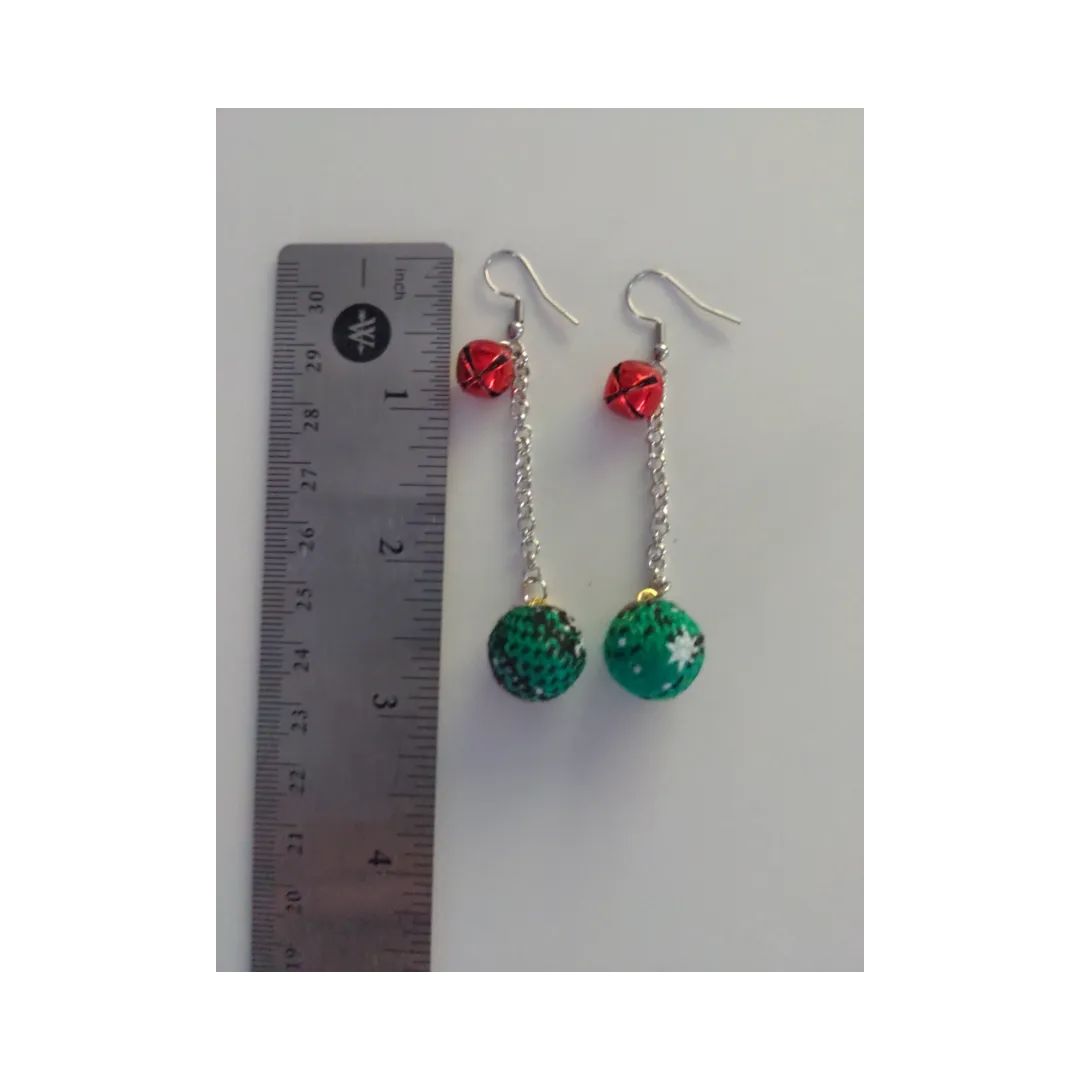 Earrings - Christmas green velvet ball ornament with one red jingle bell on silver chain drop hook