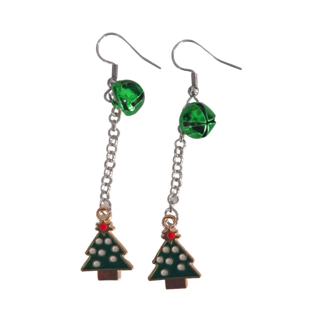 Earrings - Christmas tree with white dots charm with one green jingle bell on silver chain drop hook