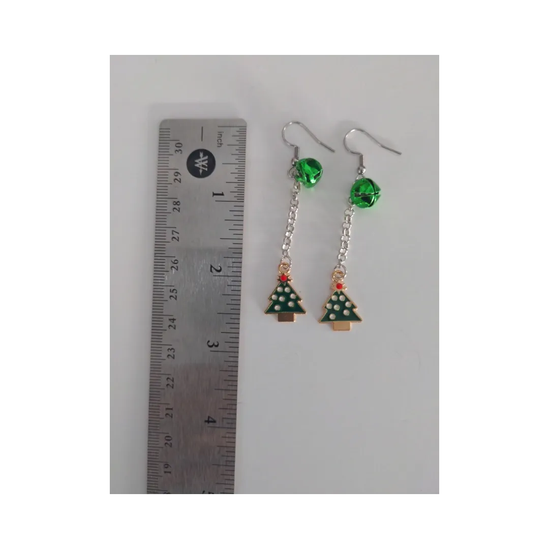 Earrings - Christmas tree with white dots charm with one green jingle bell on silver chain drop hook