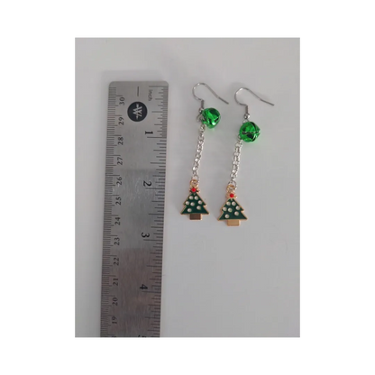 Earrings - Christmas tree with white dots charm with one green jingle bell on silver chain drop hook