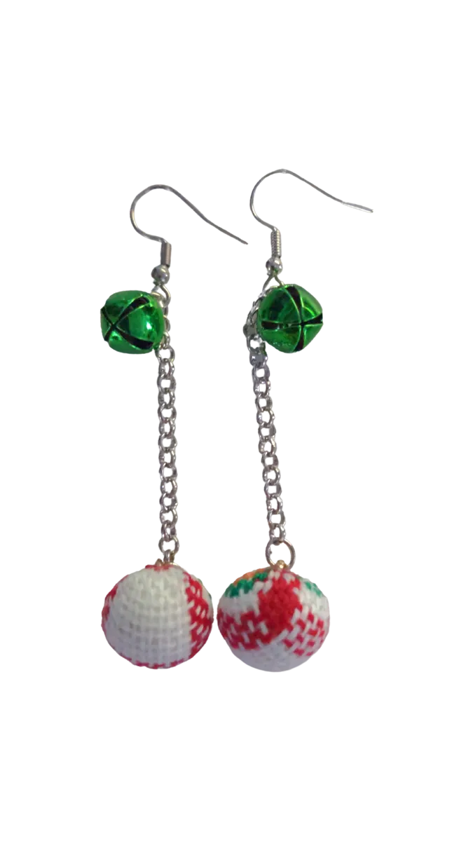 Earrings - Christmas white with red velvet ball ornament with one green jingle bell on silver chain drop hook