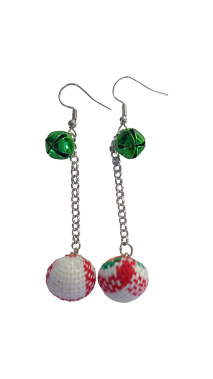 Earrings - Christmas white with red velvet ball ornament with one green jingle bell on silver chain drop hook