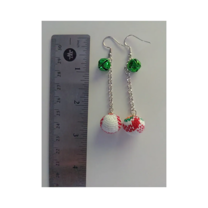 Earrings - Christmas white with red velvet ball ornament with one green jingle bell on silver chain drop hook