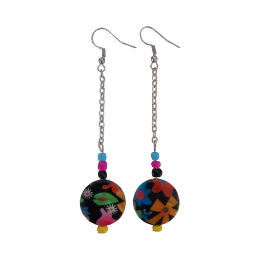 Earrings - Colorful Floral Disc Shell Beads on Silver Chain Drop Hook