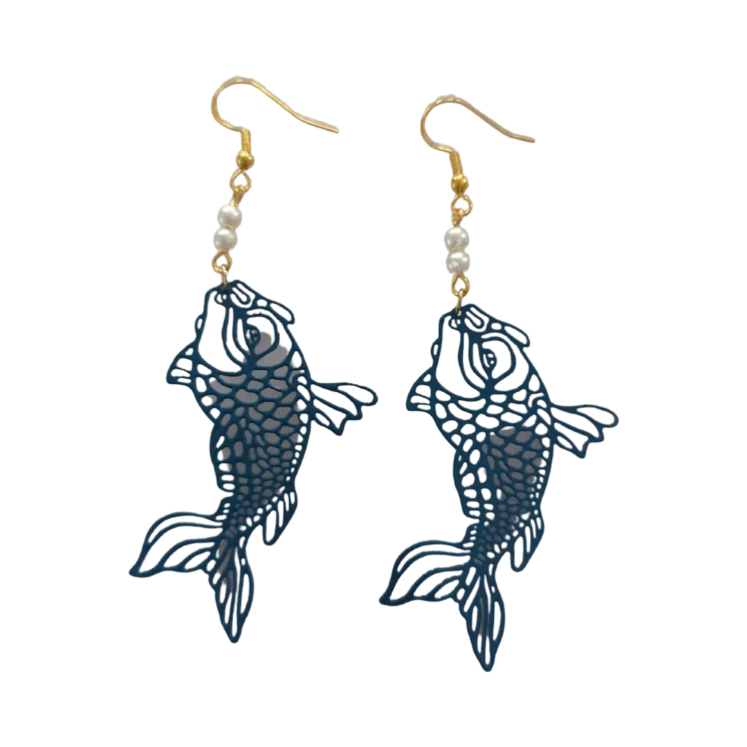 Earrings - Coy Fish Brass Filigree with white beads on gold hook