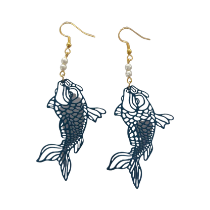 Earrings - Coy Fish Brass Filigree with white beads on gold hook