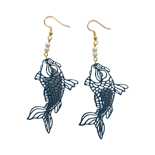 Earrings - Coy Fish Brass Filigree with white beads on gold hook