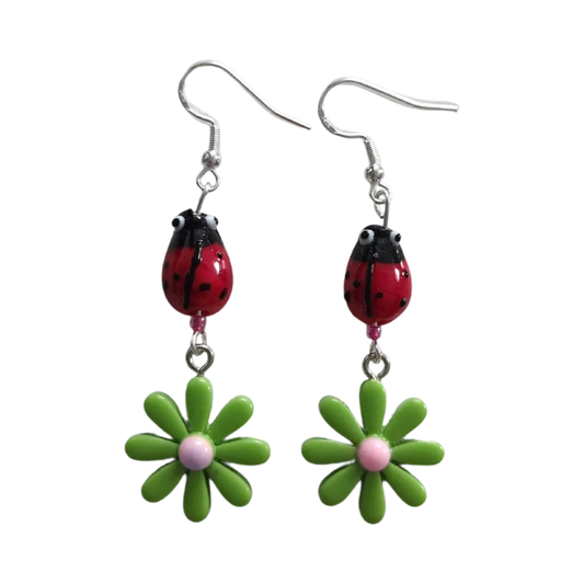 Earrings - Glass lady bug with Paris daisy flower on silver hook