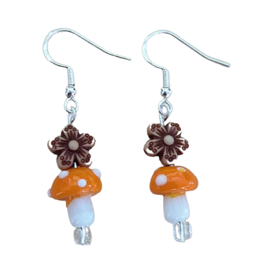 Earrings - Glass mushroom with brown flower bead on silver hook