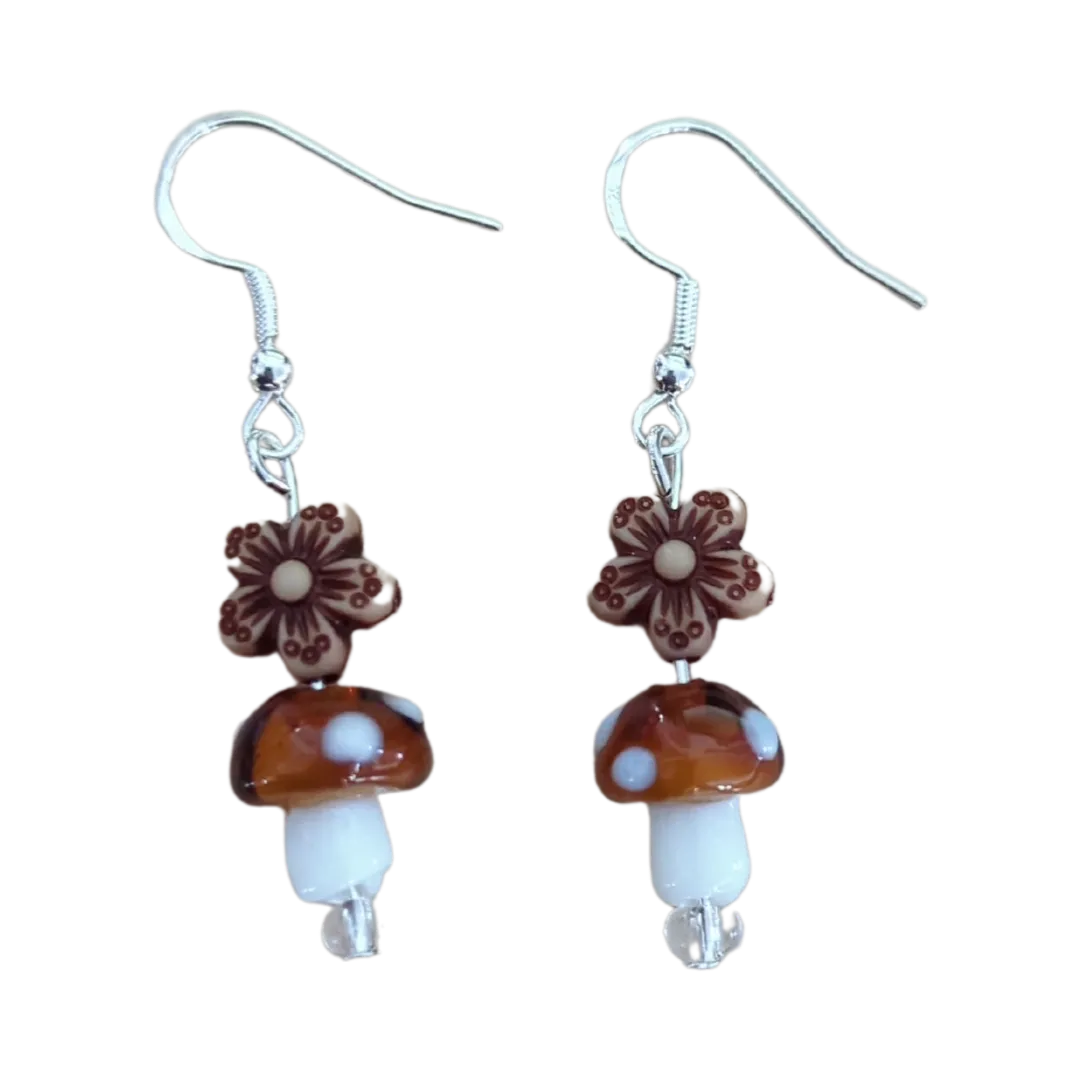 Earrings - Glass mushroom with brown flower bead on silver hook