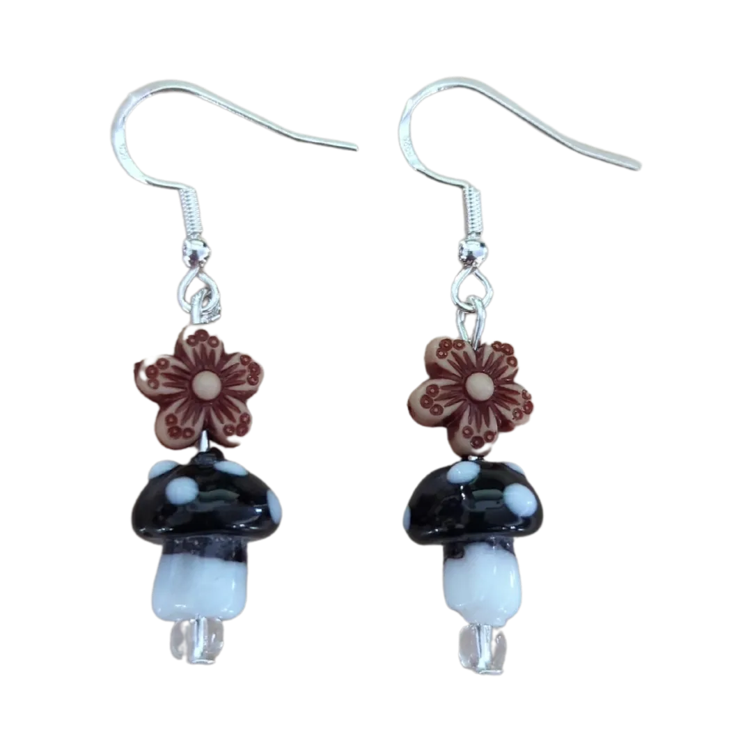 Earrings - Glass mushroom with brown flower bead on silver hook