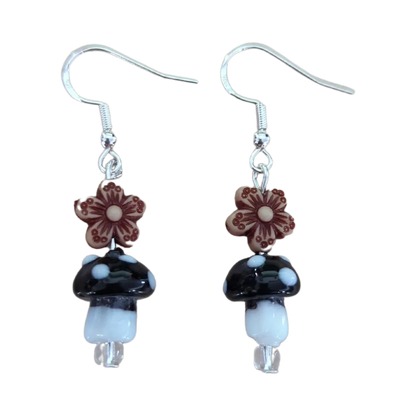 Earrings - Glass mushroom with brown flower bead on silver hook