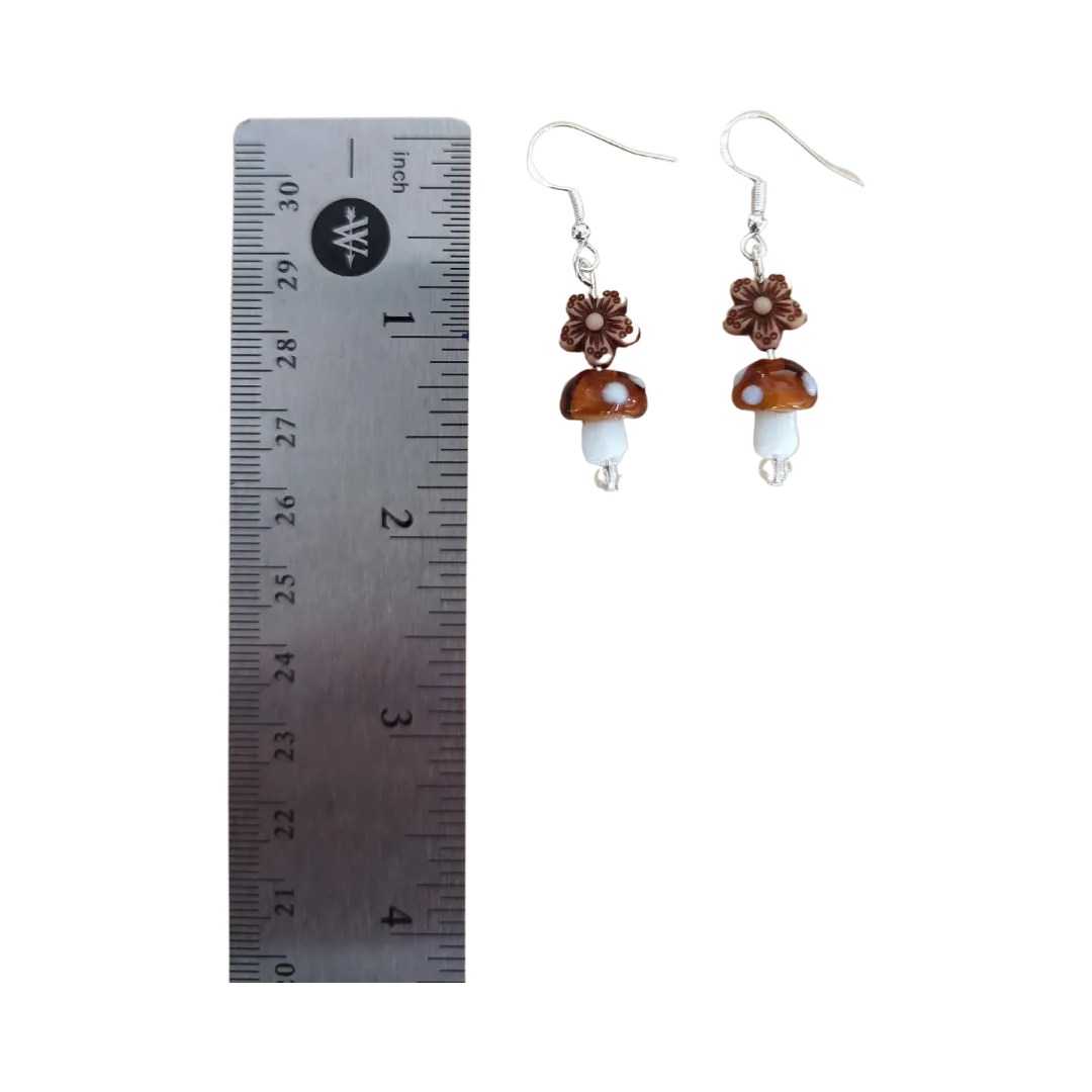 Earrings - Glass mushroom with brown flower bead on silver hook