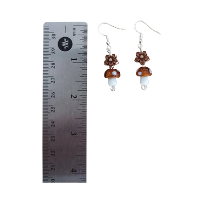 Earrings - Glass mushroom with brown flower bead on silver hook