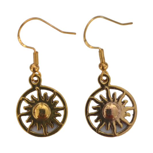 Earrings - Gold circle sun charm on gold hook