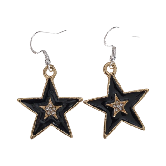 Earrings - Gold plated black star charm on silver hook