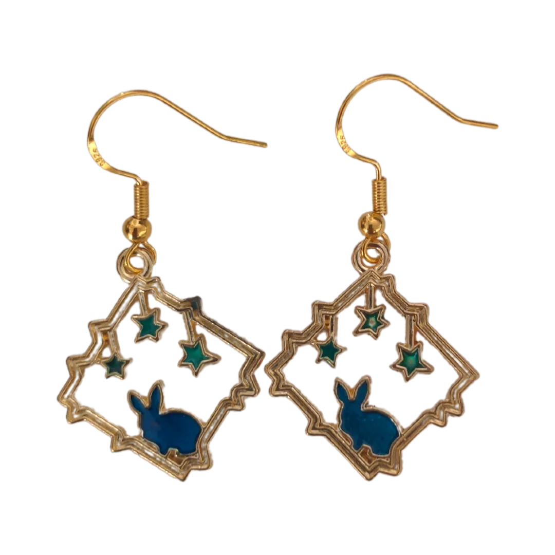 Earrings - Gold plated blue bunny with stars on gold hook