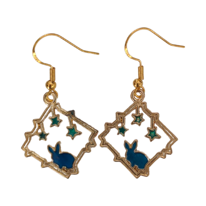 Earrings - Gold plated blue bunny with stars on gold hook