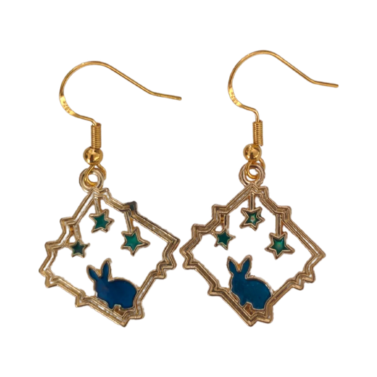 Earrings - Gold plated blue bunny with stars on gold hook