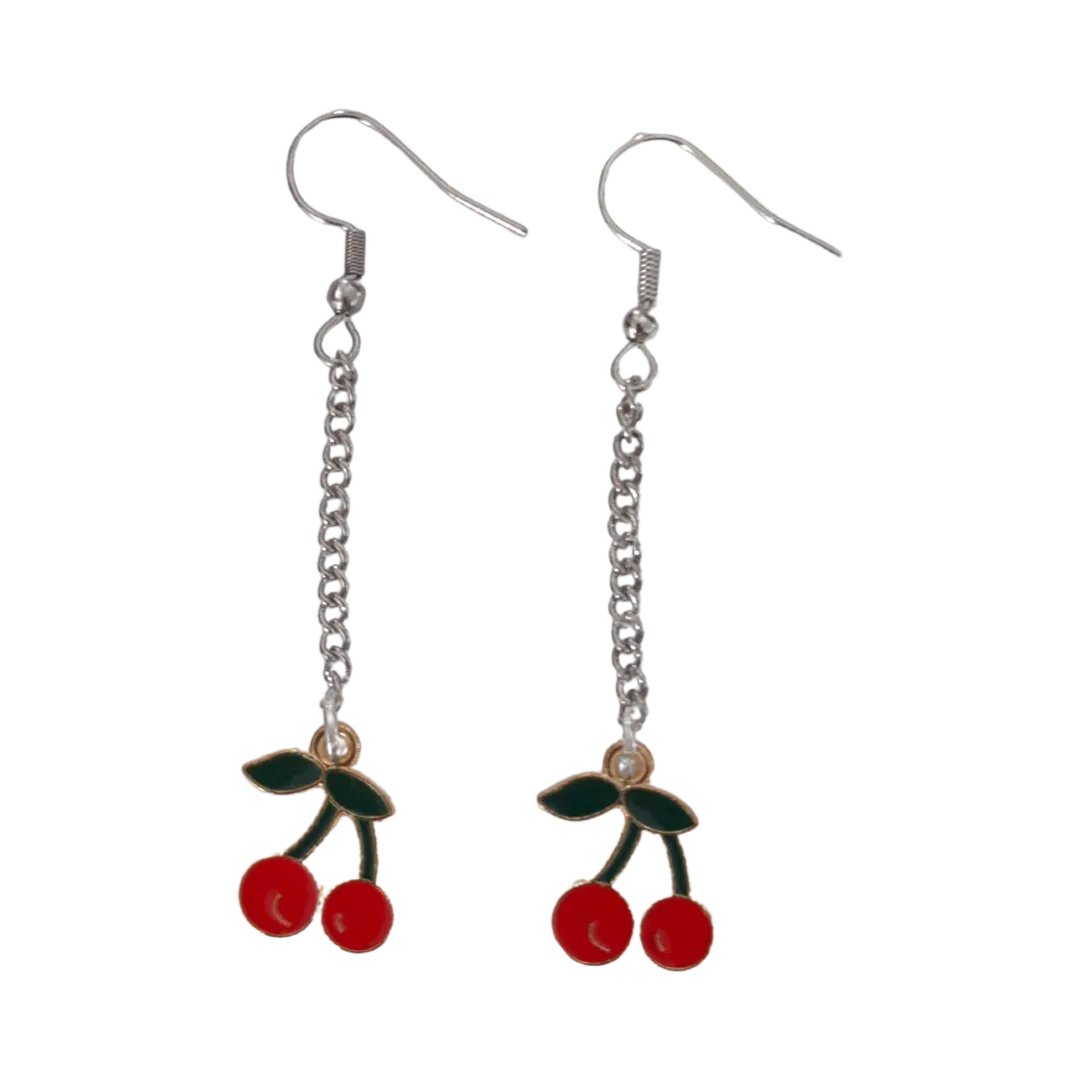 Earrings - Gold plated cherries on silver chain drop hook