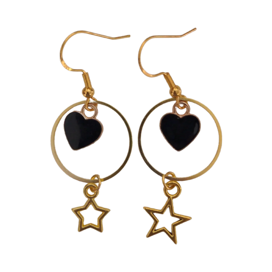 Earrings - Gold plated circle with heart and star on hook