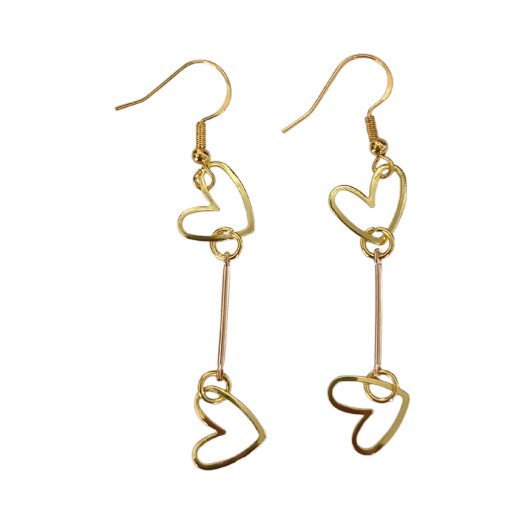 Earrings - Gold Plated Heart Earring Connector 2-Hole Stick Strip Bar Link on gold hook