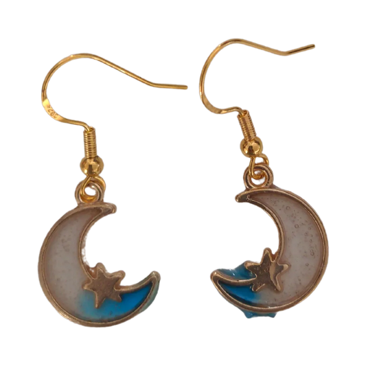 Earrings - Gold plated white/blue moon with gold star charm on gold hook