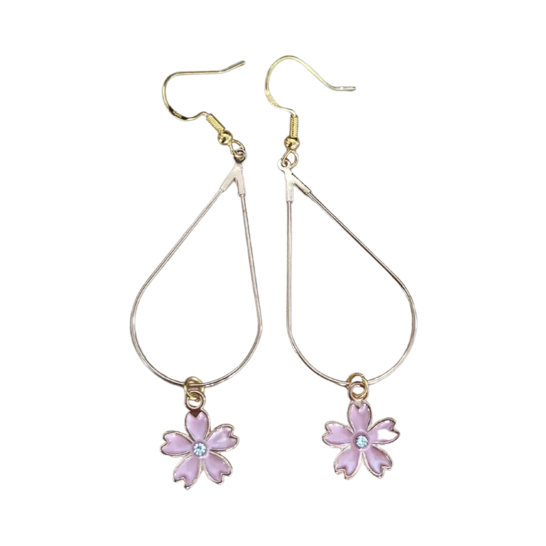 Earrings - Gold tear drop flower charm on silver hook