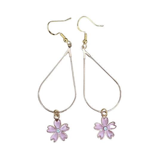 Earrings - Gold tear drop flower charm on silver hook