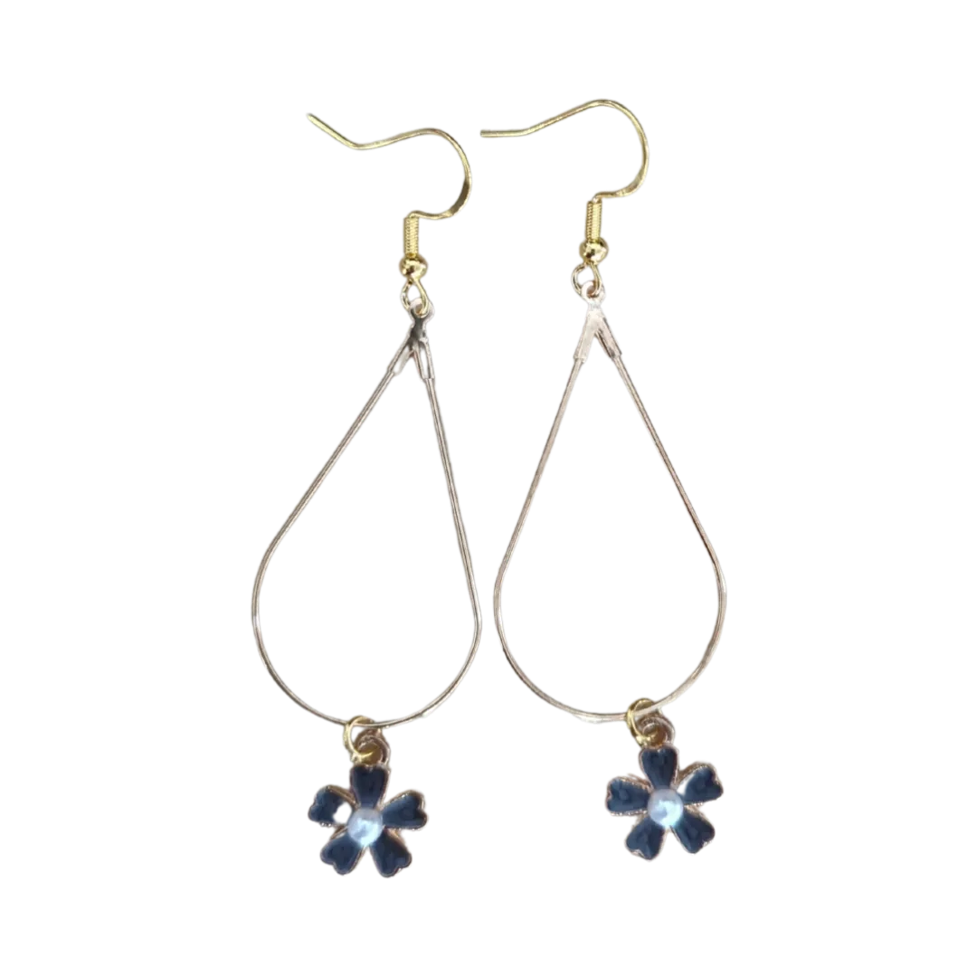 Earrings - Gold tear drop flower charm on silver hook