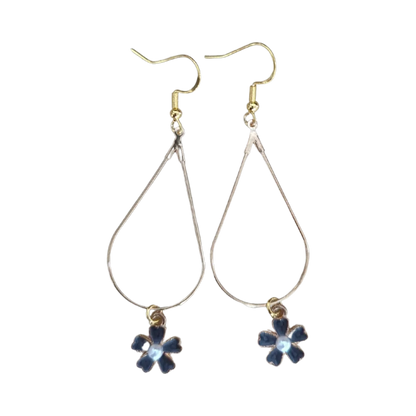 Earrings - Gold tear drop flower charm on silver hook